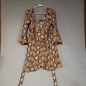Boohoo Brown and Tan Snake Print Long Sleeve Dress Size 14